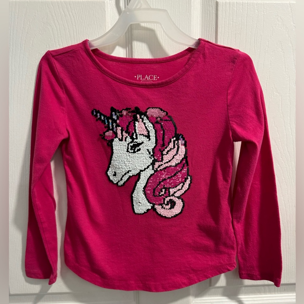 The Children’s Place Pink Long Sleeve Sequins Unicorn Tee Shirt. Size S 5/6.